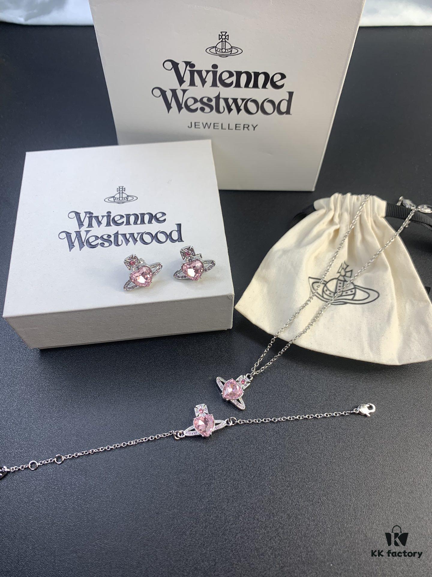 West Queen Pink Diamond Necklace, Bracelet, and Earring Set in Gold-Plated Material