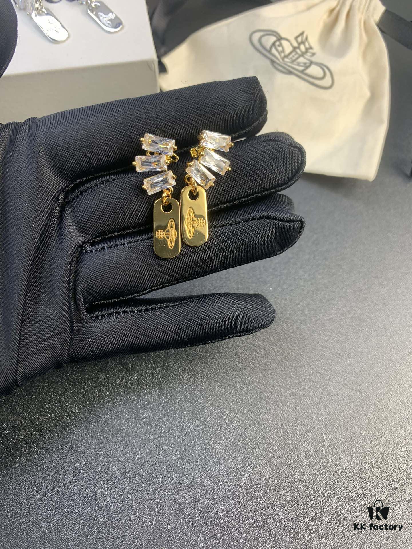 West Queen High-End Rectangular Stud Earrings in Yellow Gold and White Gold, Two Colors