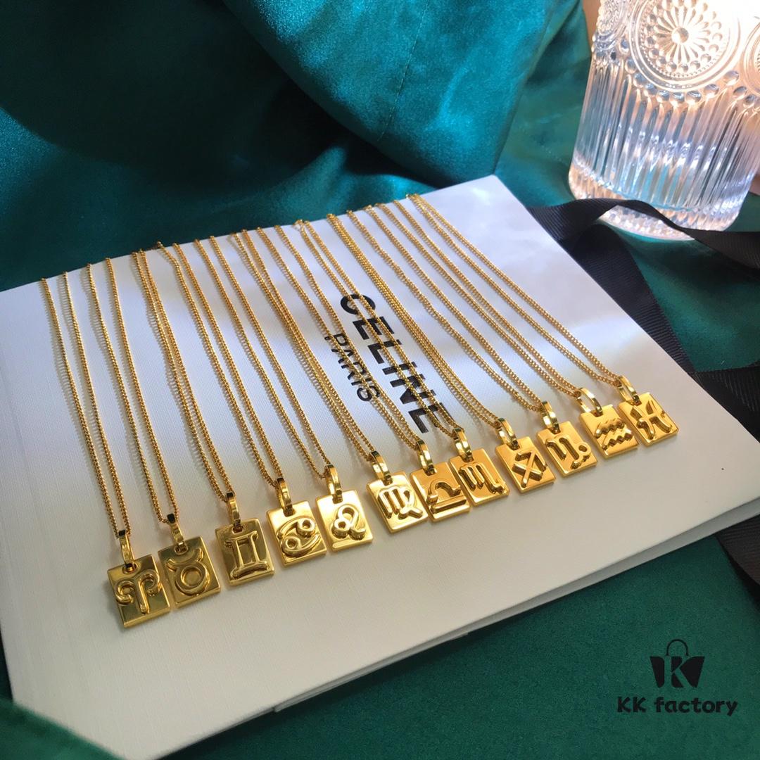 CELINE / Celine Luxury Gold French Zodiac Square Pendant Collar Necklace