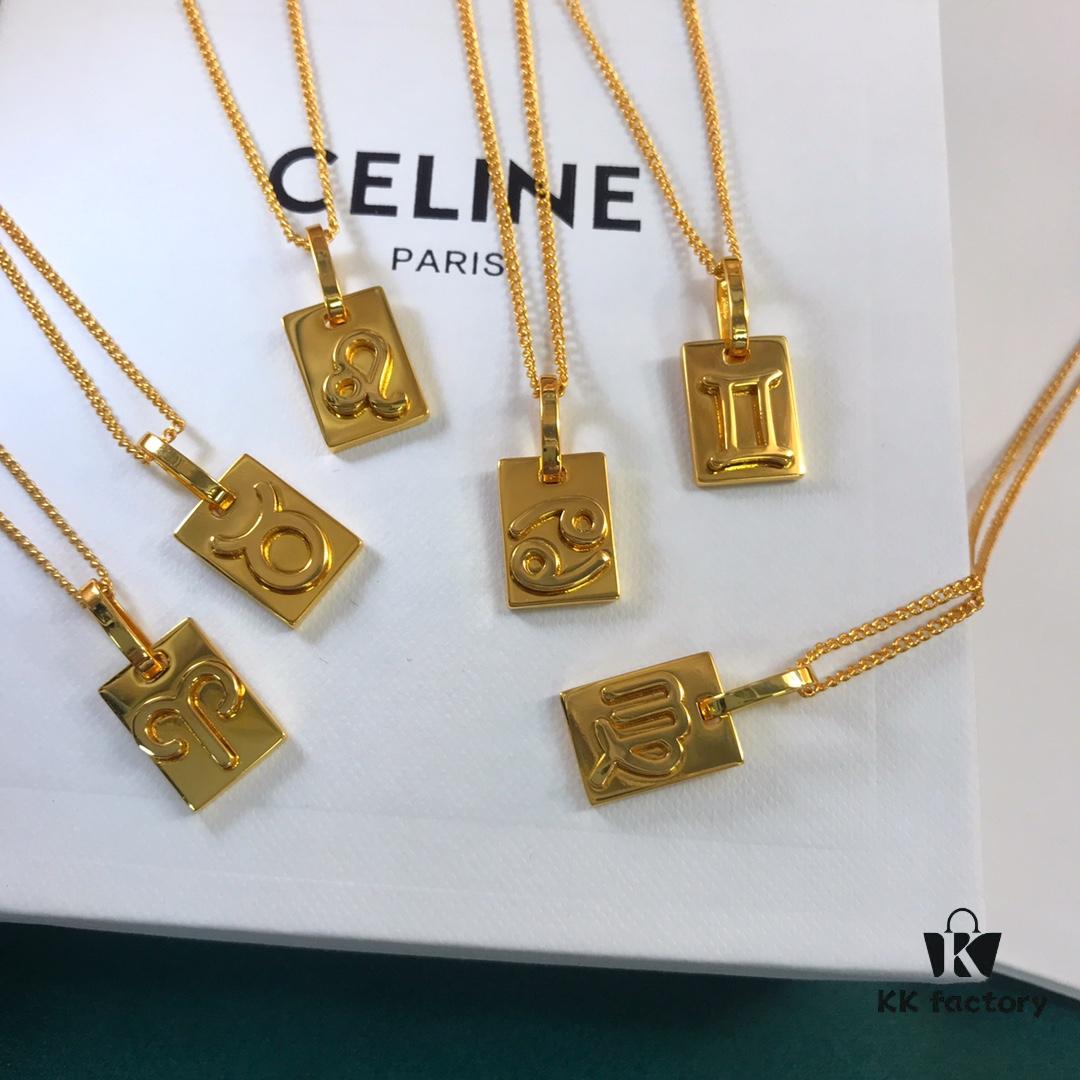 CELINE / Celine Luxury Gold French Zodiac Square Pendant Collar Necklace