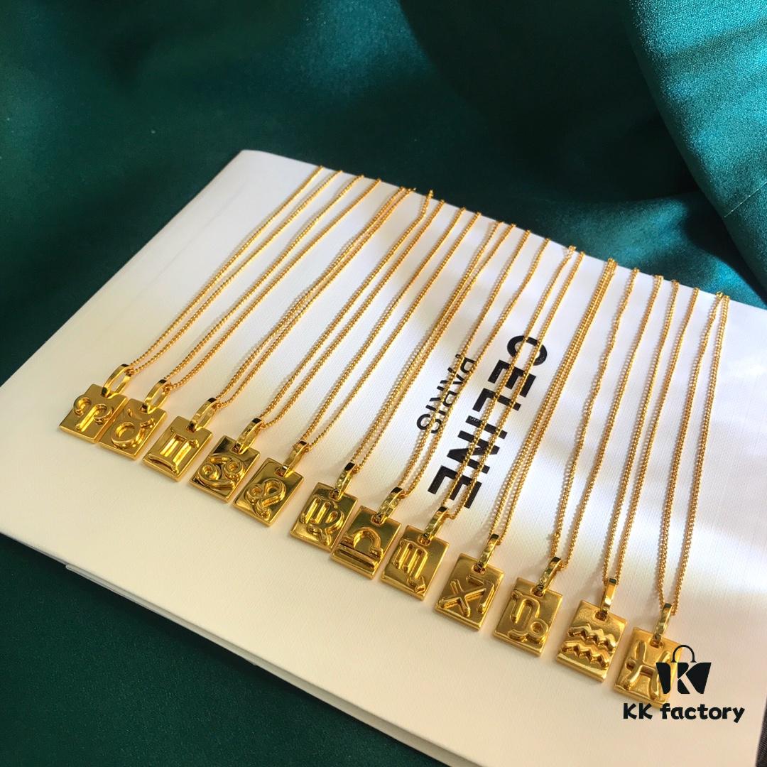 CELINE / Celine Luxury Gold French Zodiac Square Pendant Collar Necklace