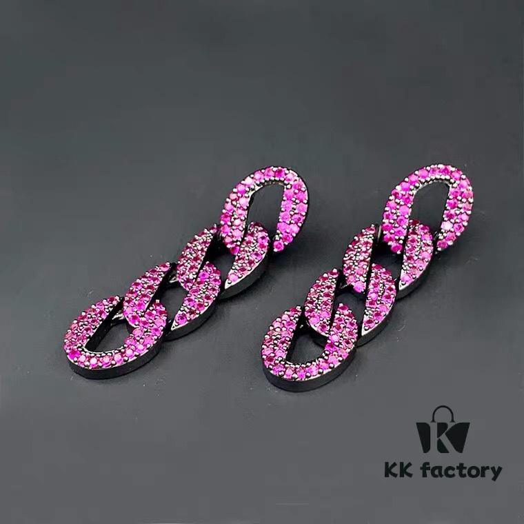 Celine-Inspired European and American High-End Micro-Pave Luxurious Colorful Geometric Chain Stud Earrings for Women with Silver Needle