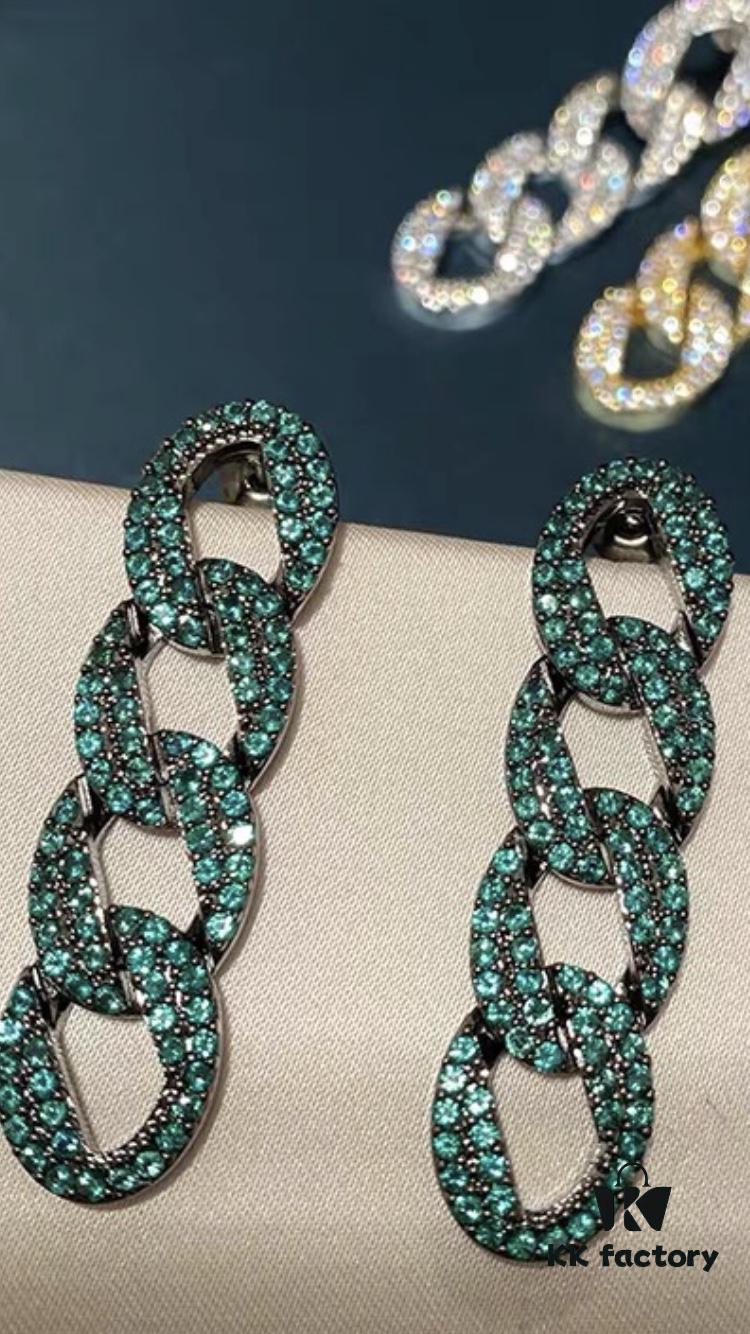 Celine-Inspired European and American High-End Micro-Pave Luxurious Colorful Geometric Chain Stud Earrings for Women with Silver Needle