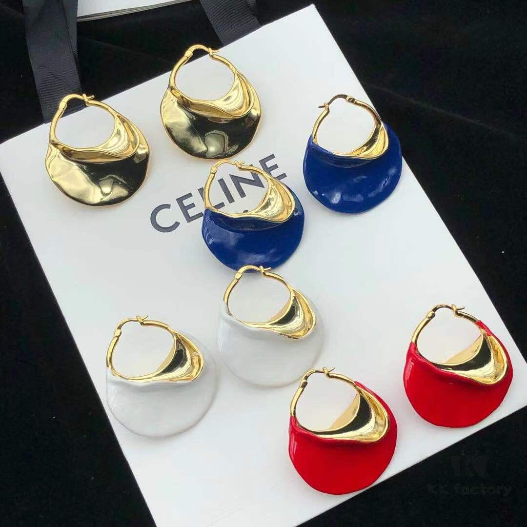 Celine 2021 European and American Style Plated Metal Enamel Vintage New Trend Irregular Exaggerated Geometric Large Hoop Earrings with Clip