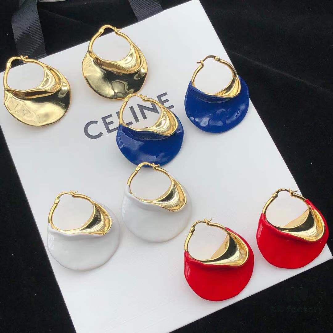 Celine 2021 European and American Style Plated Metal Enamel Vintage New Trend Irregular Exaggerated Geometric Large Hoop Earrings with Clip