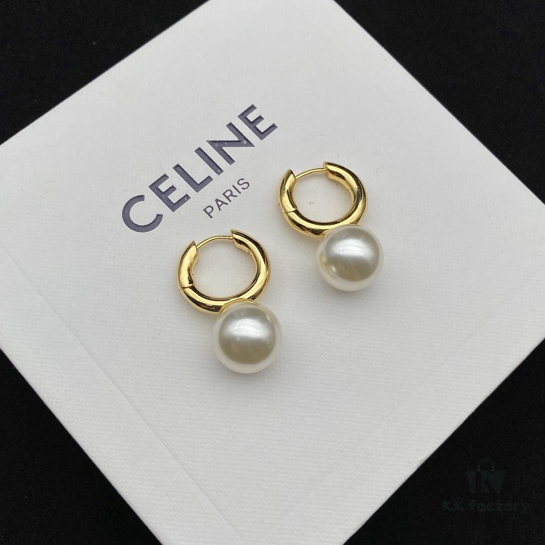 CELINE New Model Pearl Hoop Stud Earrings