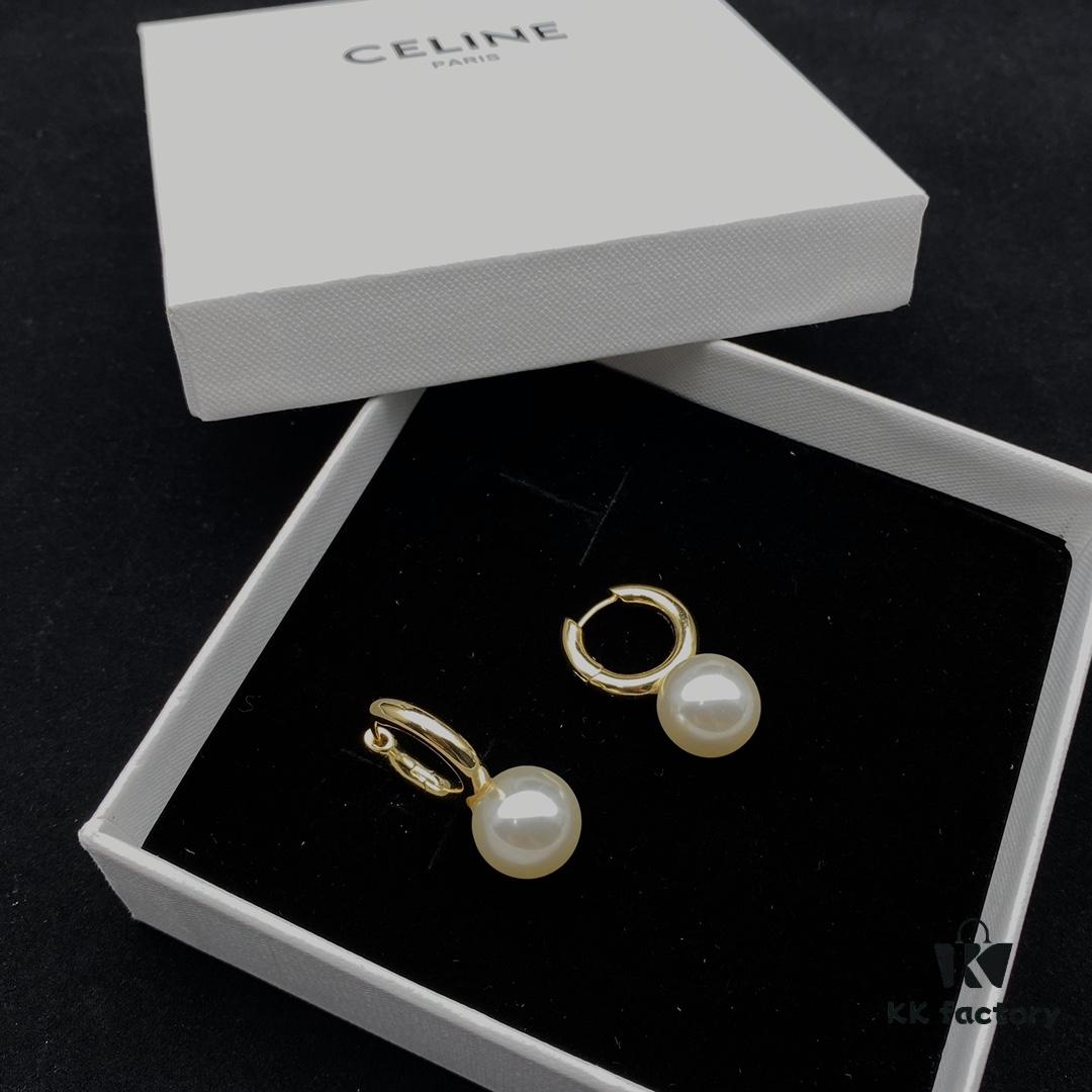 CELINE New Model Pearl Hoop Stud Earrings