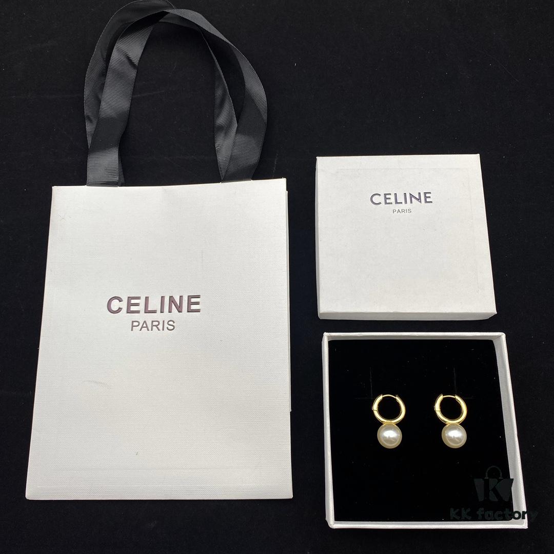 CELINE New Model Pearl Hoop Stud Earrings