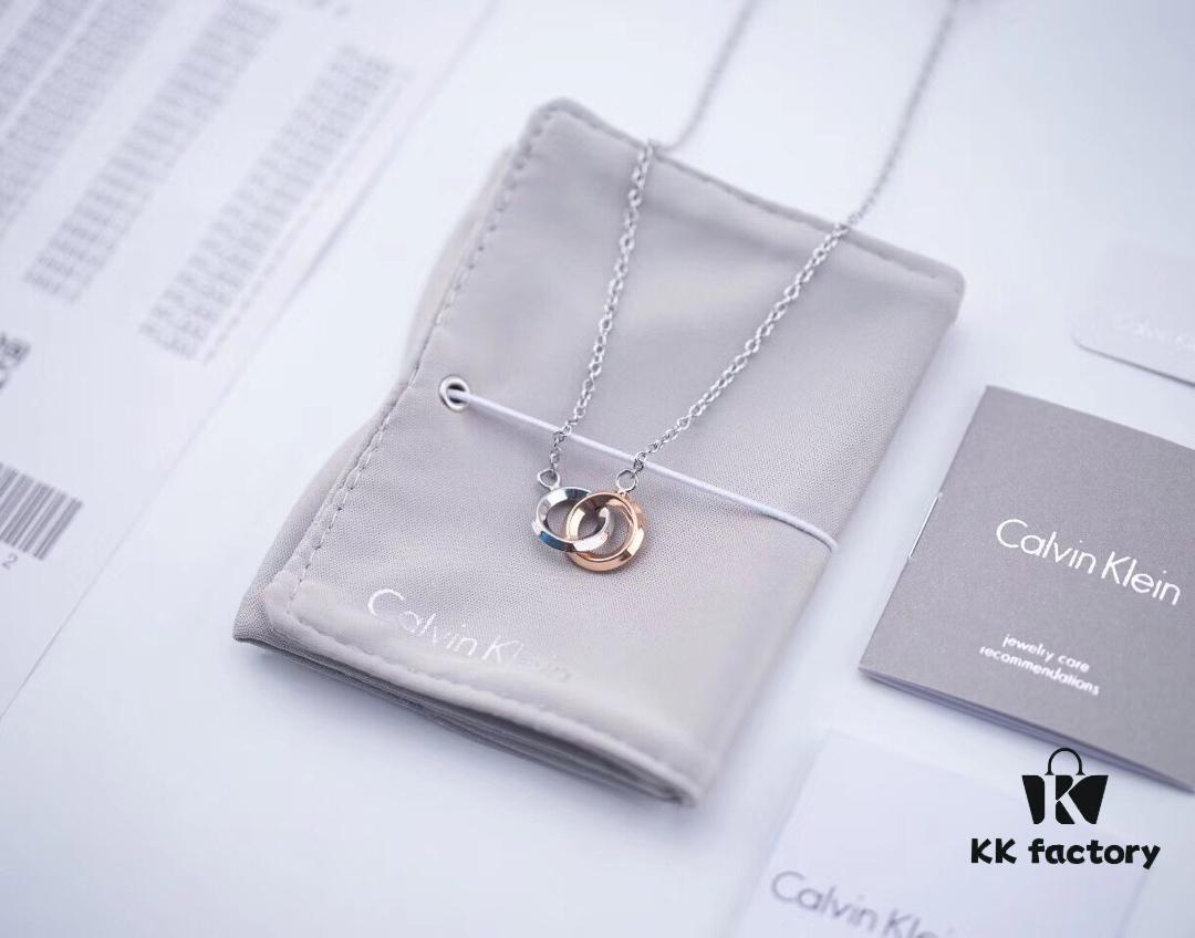 Calvin Klein CK Double Ring Necklace, White Gold and Rose Gold Plated Couple Necklace