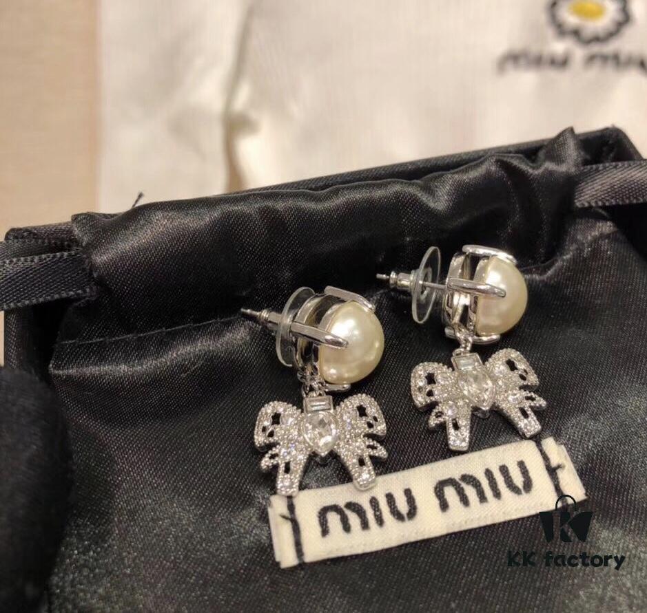 Miu Miu Bow Pearl Set ZP Custom Swarovski Crystal Stud Earrings, Adorable Girl Aesthetic