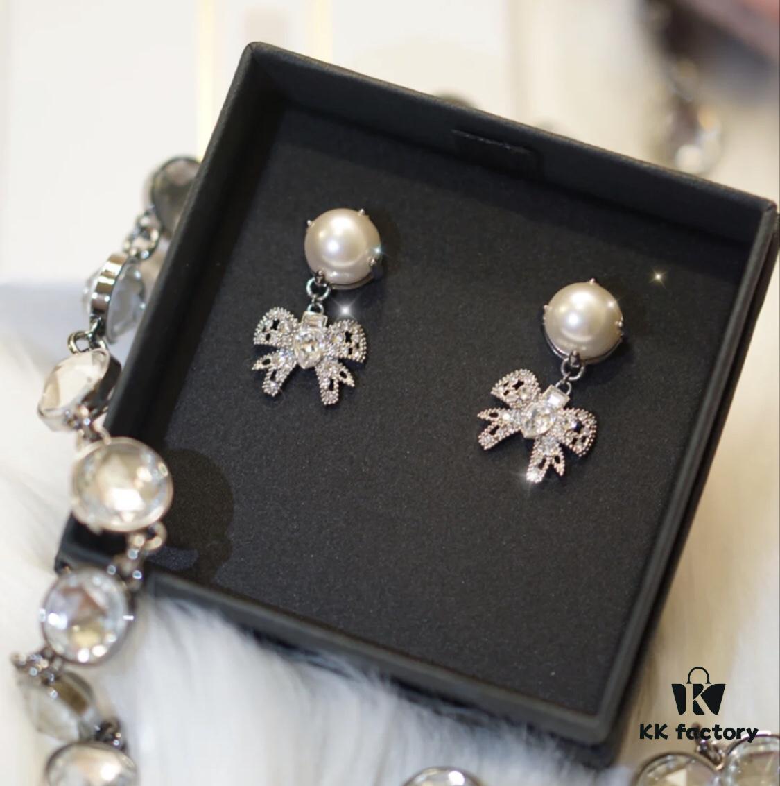 Miu Miu Bow Pearl Set ZP Custom Swarovski Crystal Stud Earrings, Adorable Girl Aesthetic
