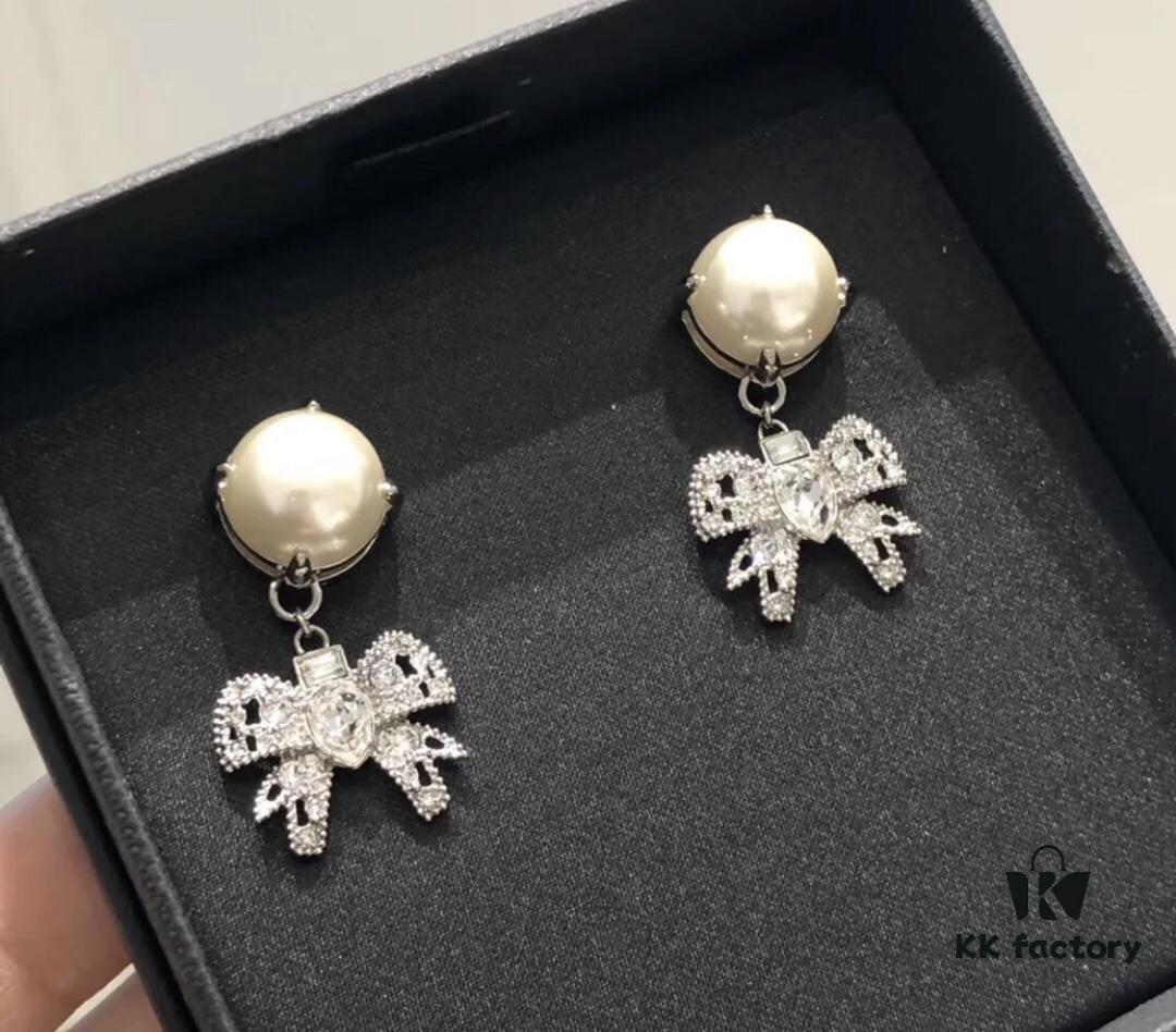 Miu Miu Bow Pearl Set ZP Custom Swarovski Crystal Stud Earrings, Adorable Girl Aesthetic
