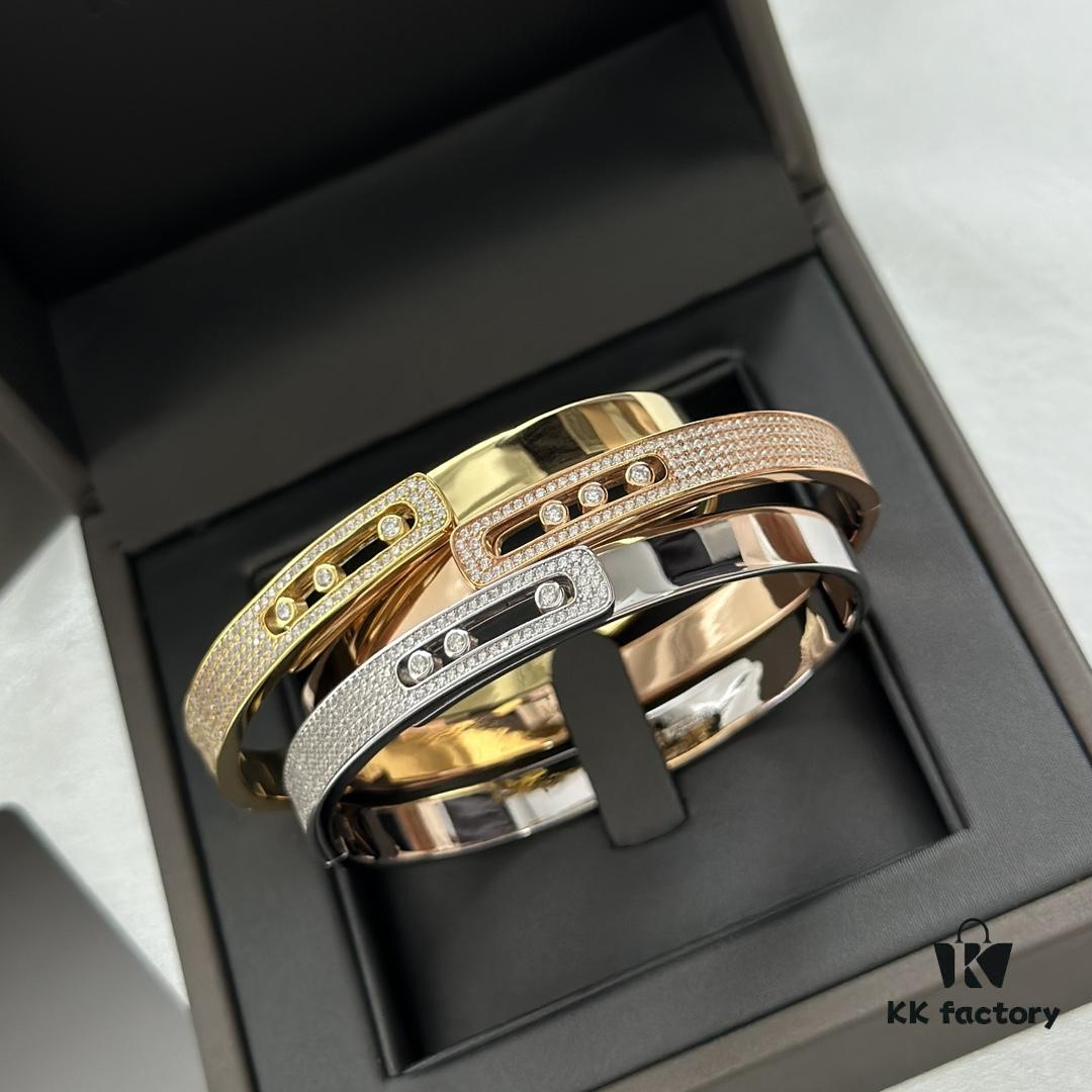 Hot Hollywood's Hottest Luxury Jewelry Brand Messika, Full Diamond Slide Bracelet, Elegant 925 Sterling Silver with Gold Plating, Platinum and Rose Gold Rolling Diamonds
