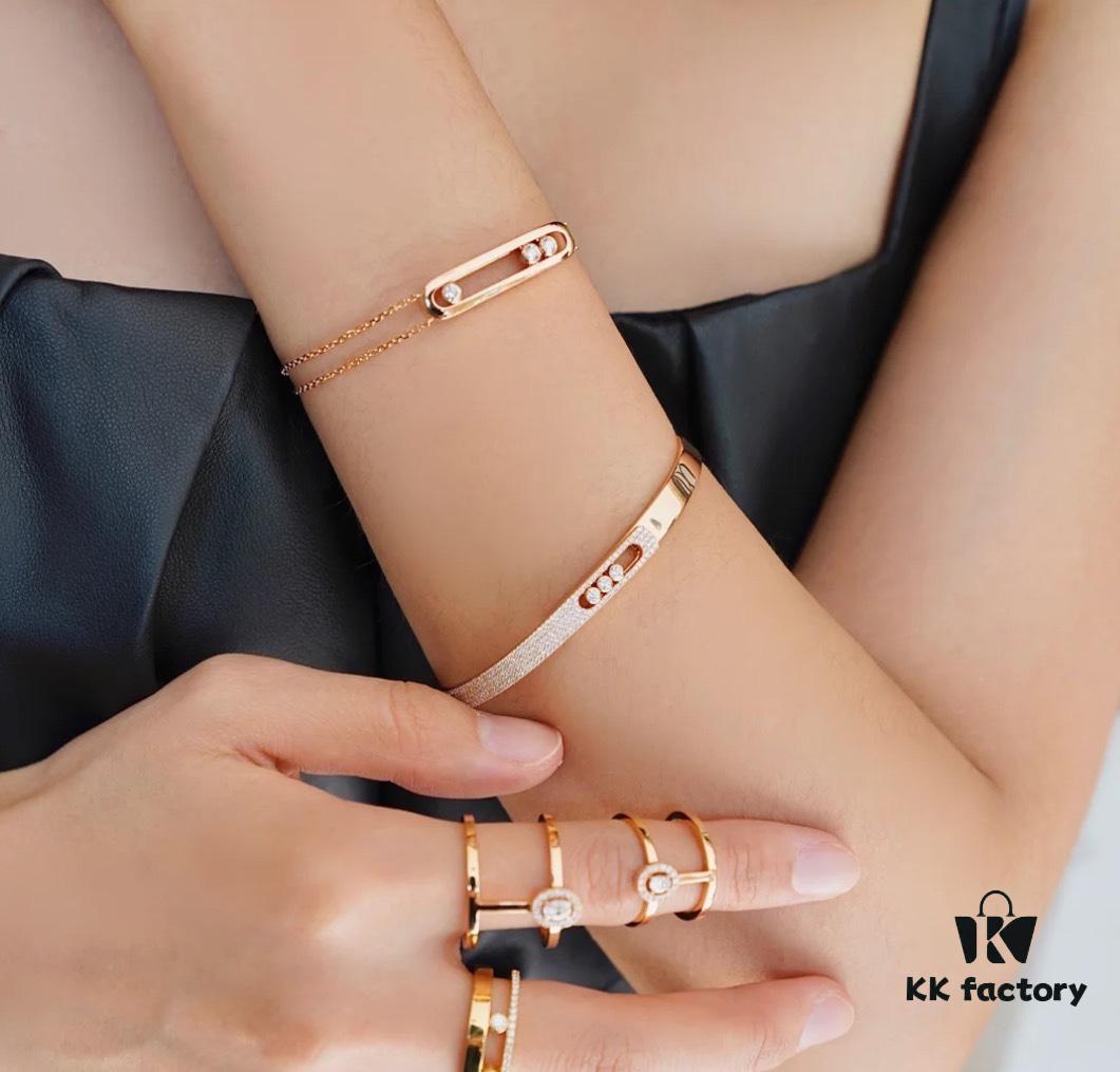 Hot Hollywood's Hottest Luxury Jewelry Brand Messika, Full Diamond Slide Bracelet, Elegant 925 Sterling Silver with Gold Plating, Platinum and Rose Gold Rolling Diamonds