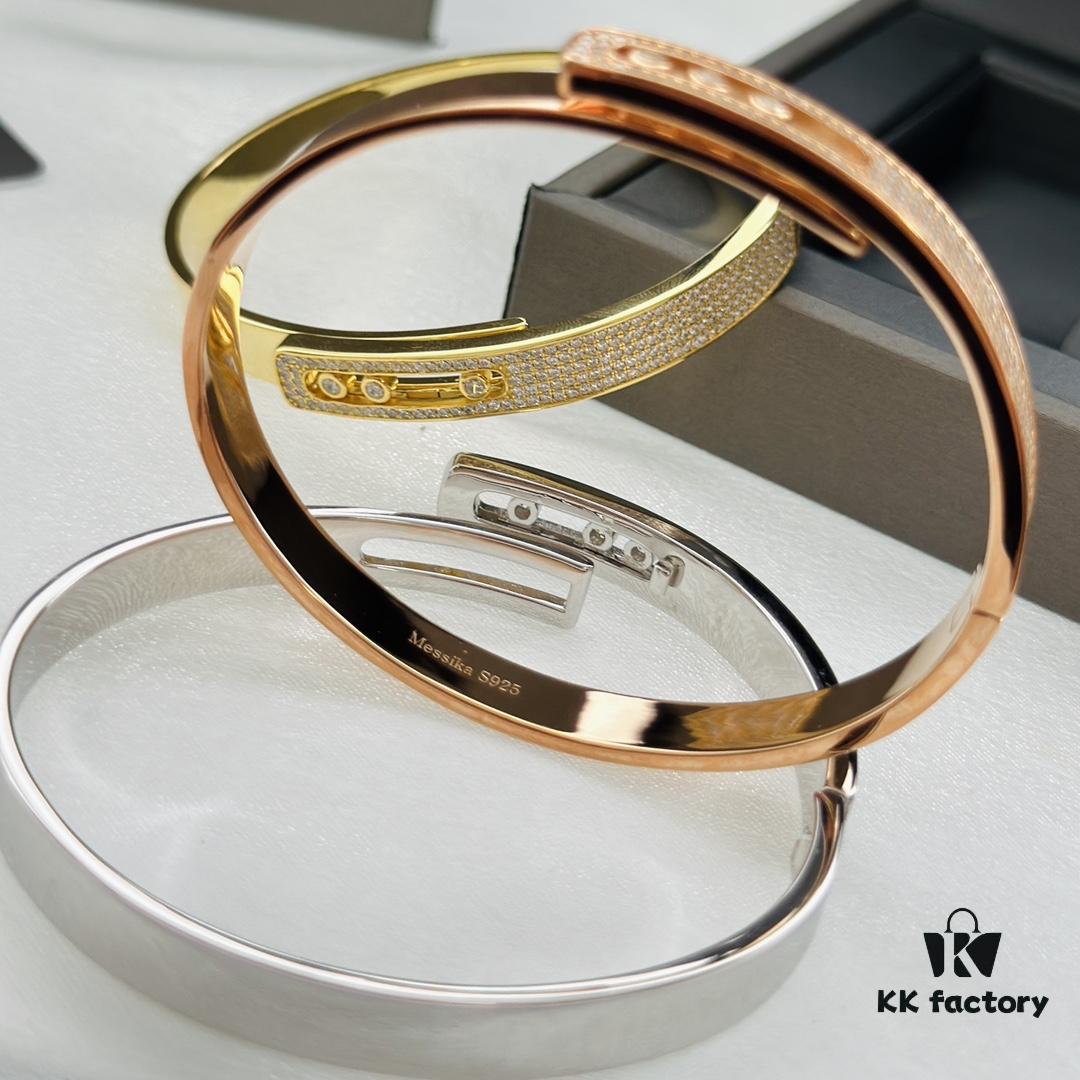 Hot Hollywood's Hottest Luxury Jewelry Brand Messika, Full Diamond Slide Bracelet, Elegant 925 Sterling Silver with Gold Plating, Platinum and Rose Gold Rolling Diamonds