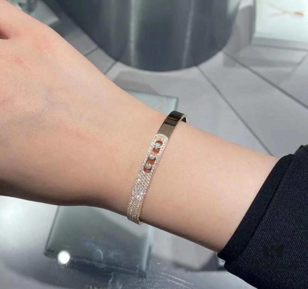 Hot Hollywood's Hottest Luxury Jewelry Brand Messika, Full Diamond Slide Bracelet, Elegant 925 Sterling Silver with Gold Plating, Platinum and Rose Gold Rolling Diamonds