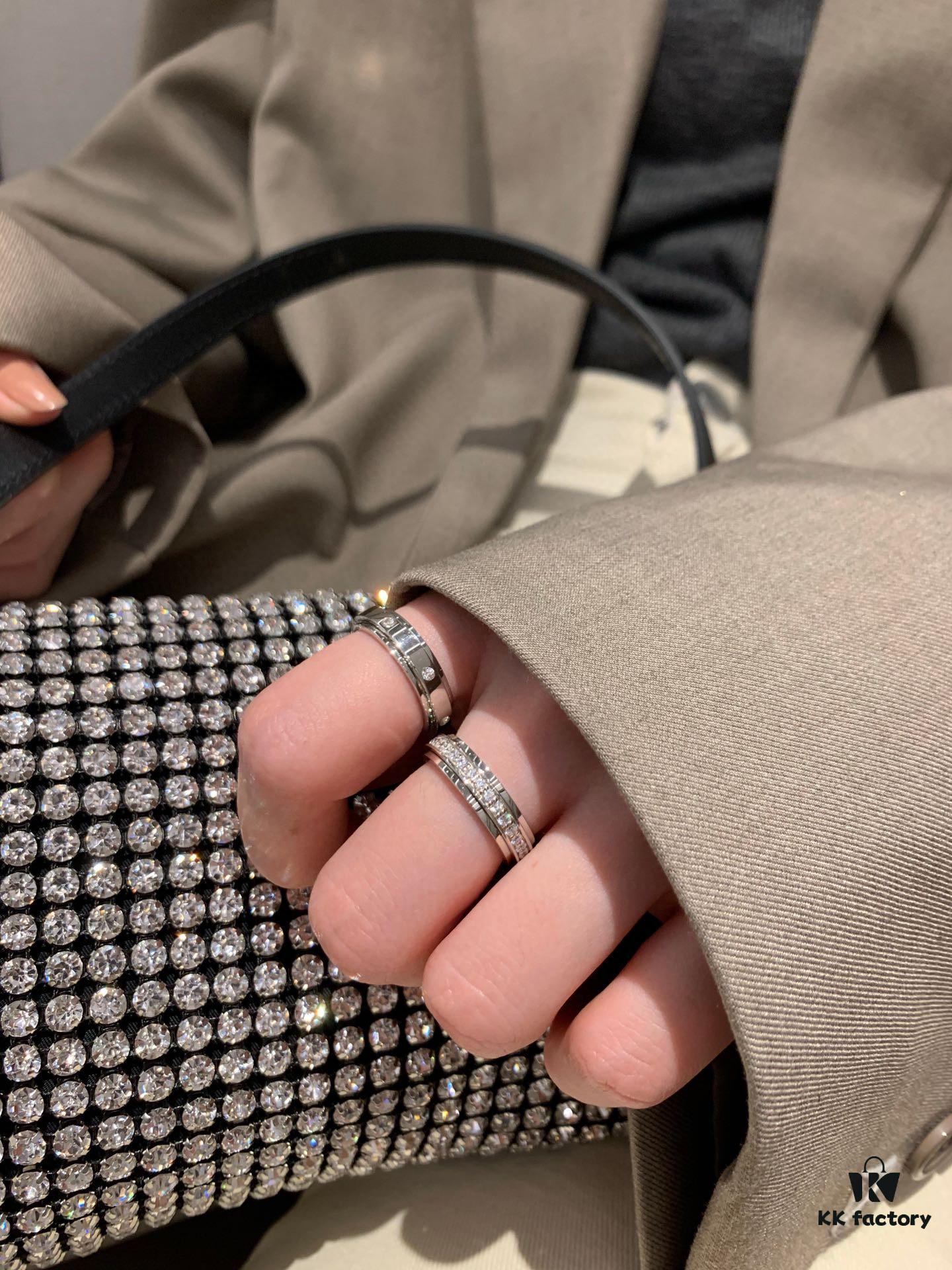 Platinum-colored Piaget ring with rotating design, featuring single diamond, seven-diamond, and full-diamond options