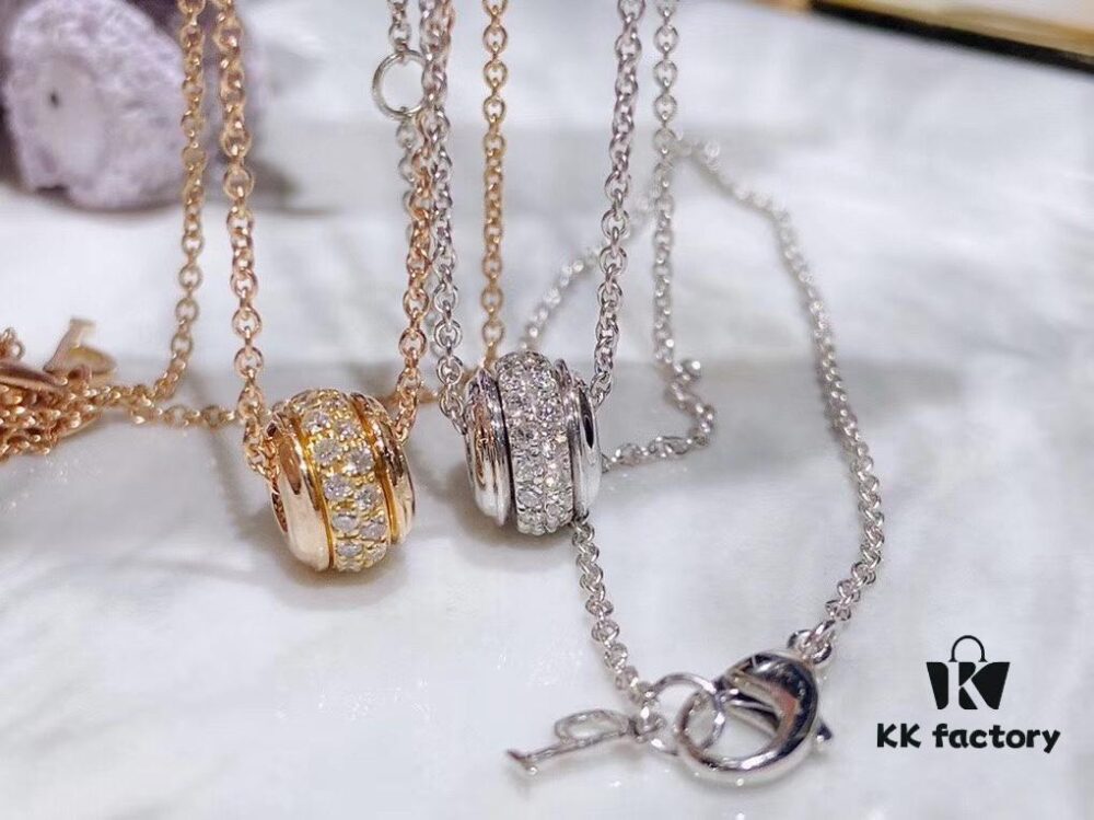 Piaget Rotating Double Row Full Diamond Necklace in Champagne Gold and White Gold, In Stock