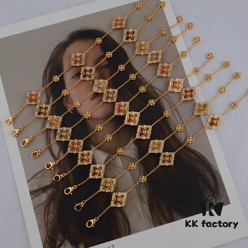 Italian Luxury Jewelry Brand Buccellati Vintage Royal Style Clover Four-Petal Flower Diamond-Embedded Shell Agate Chalcedony Reversible Three-Flower Bracelet