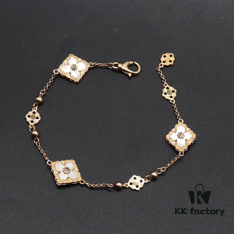 Italian Luxury Jewelry Brand Buccellati Vintage Royal Style Clover Four-Petal Flower Diamond-Embedded Shell Agate Chalcedony Reversible Three-Flower Bracelet
