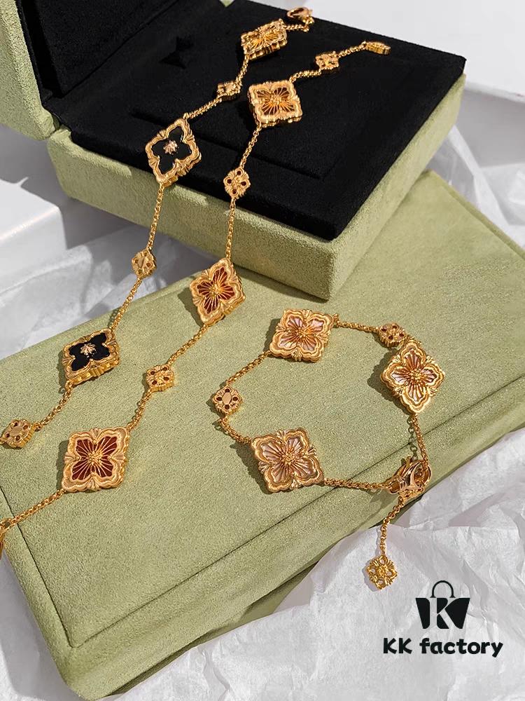 Italian Luxury Jewelry Brand Buccellati Vintage Royal Style Clover Four-Petal Flower Diamond-Embedded Shell Agate Chalcedony Reversible Three-Flower Bracelet