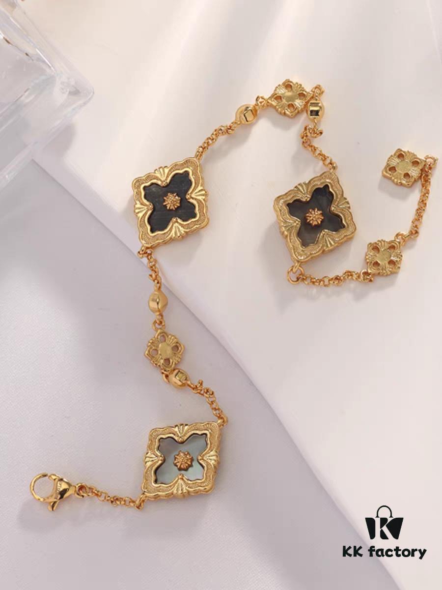 Italian Luxury Jewelry Brand Buccellati Vintage Royal Style Clover Four-Petal Flower Diamond-Embedded Shell Agate Chalcedony Reversible Three-Flower Bracelet