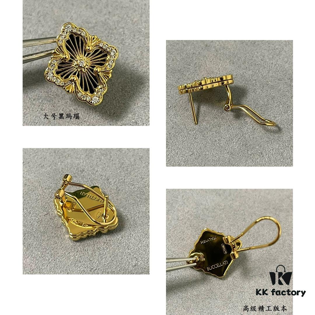 Buccellati Opera Grande Series Large Black Agate Earrings, Retro Court-style Clover Design with Rigato Parallel Engraving Technique