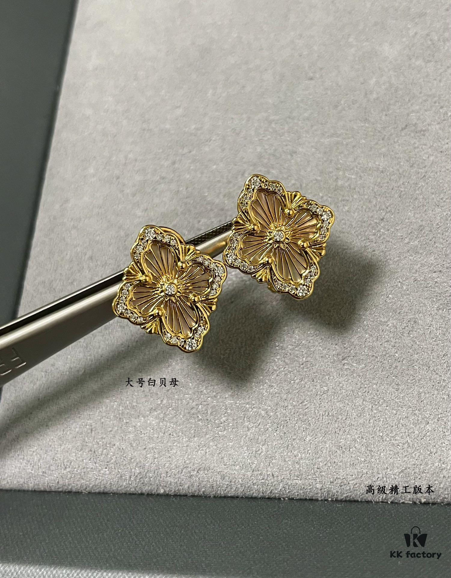 Buccellati Opera Grande White Mother-of-Pearl Earrings, Vintage Court-style Clover, Exuding Italian Elegance