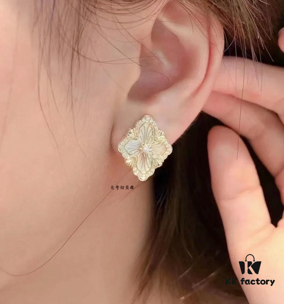 Buccellati Opera Grande White Mother-of-Pearl Earrings, Vintage Court-style Clover, Exuding Italian Elegance