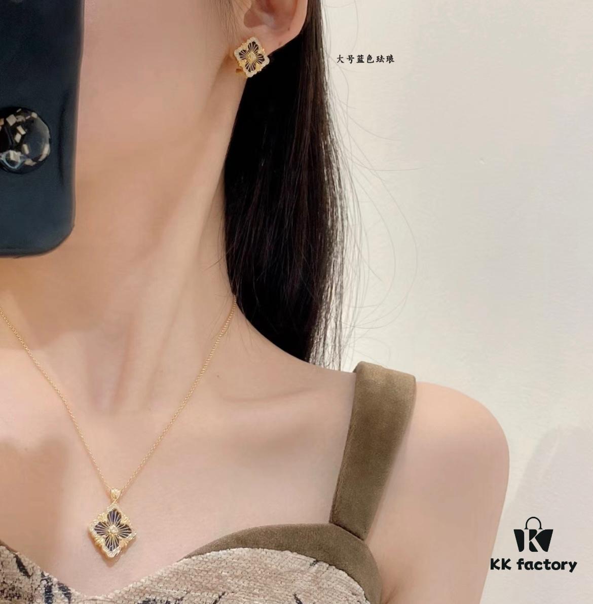 Buccellati Opera Grande Series Large Blue Enamel Earrings, Baroque-Style Four-Leaf Clover with Rigato Silk-Textured Finish