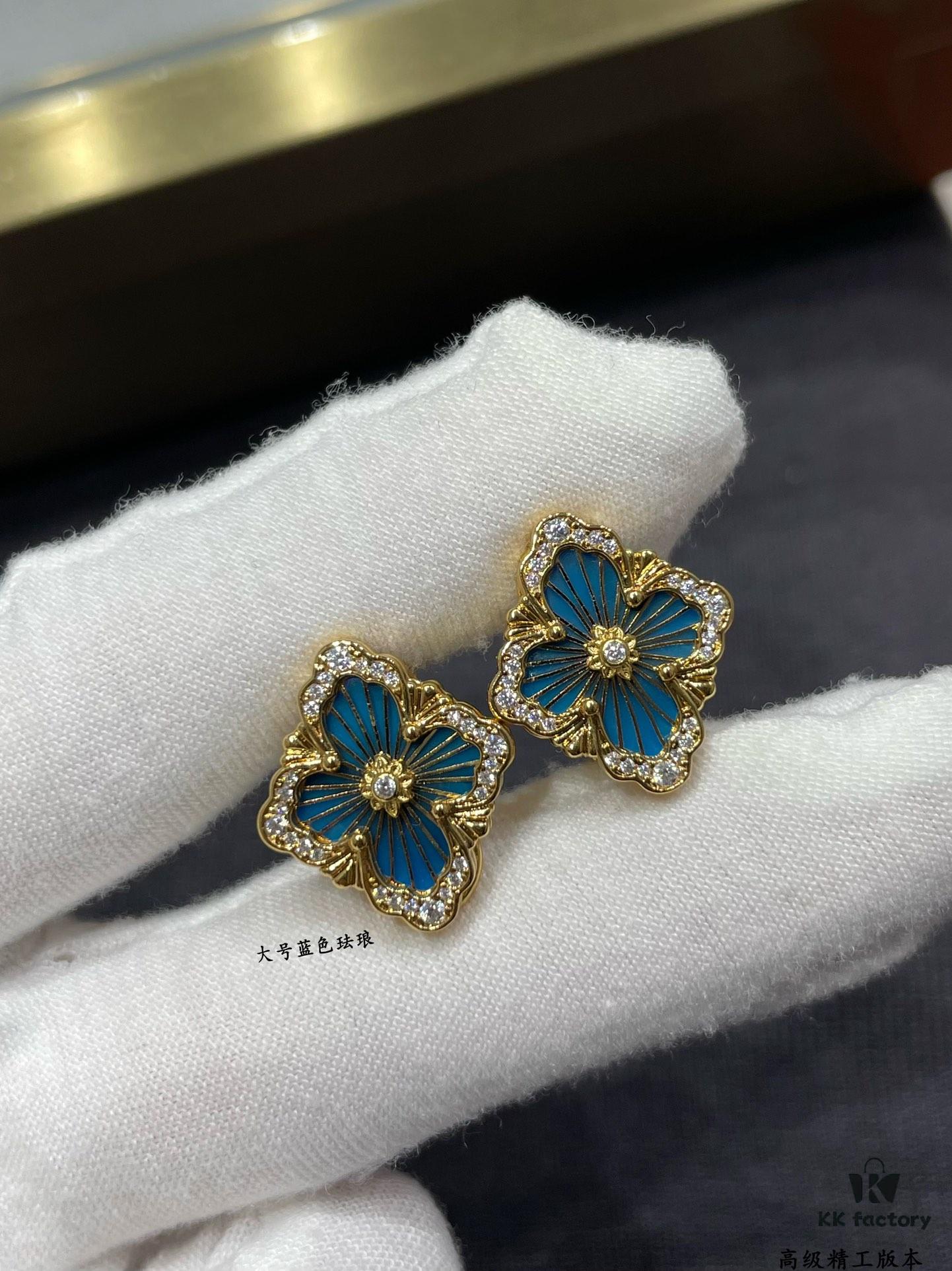 Buccellati Opera Grande Series Large Blue Enamel Earrings, Baroque-Style Four-Leaf Clover with Rigato Silk-Textured Finish