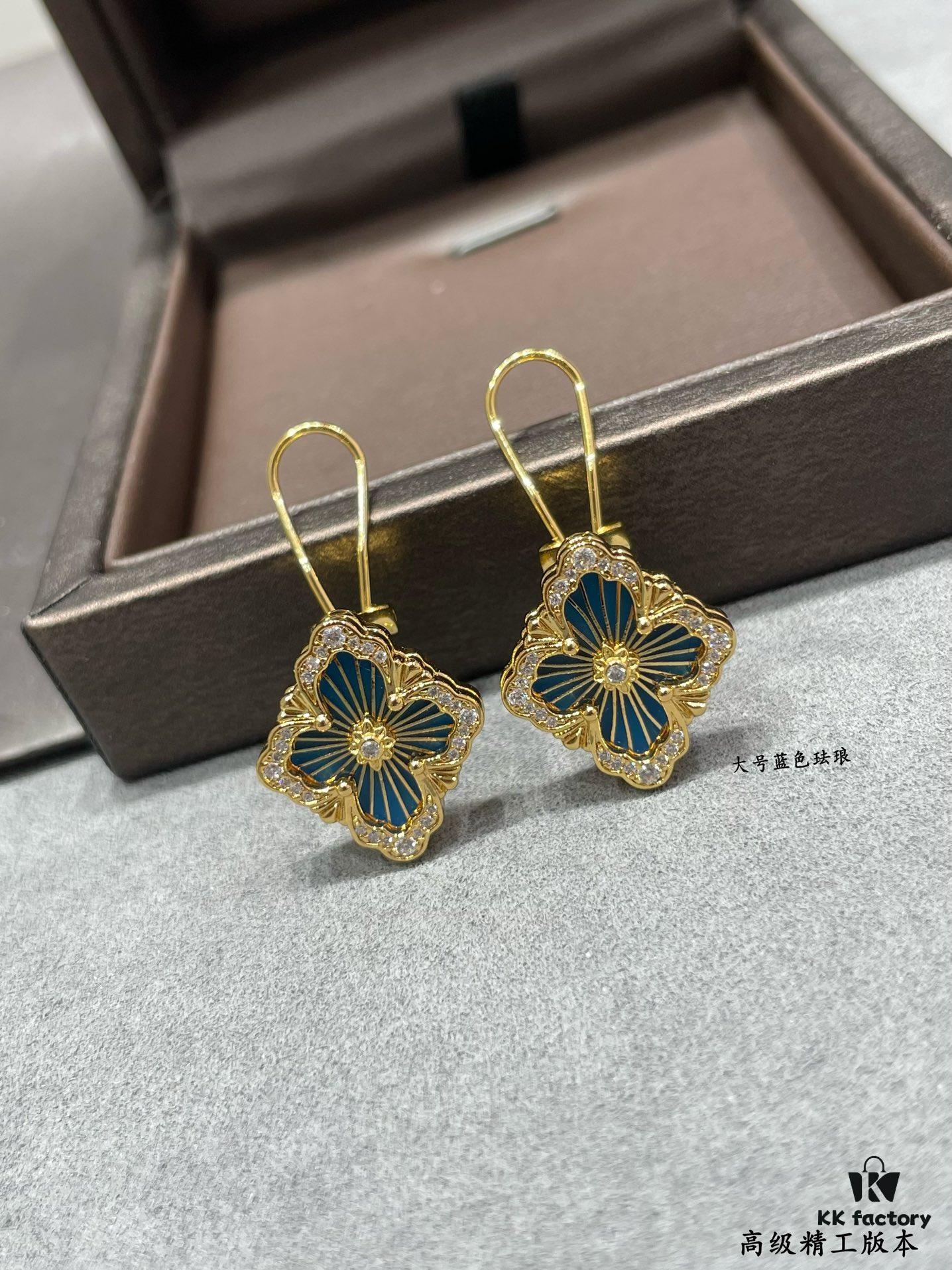 Buccellati Opera Grande Series Large Blue Enamel Earrings, Baroque-Style Four-Leaf Clover with Rigato Silk-Textured Finish