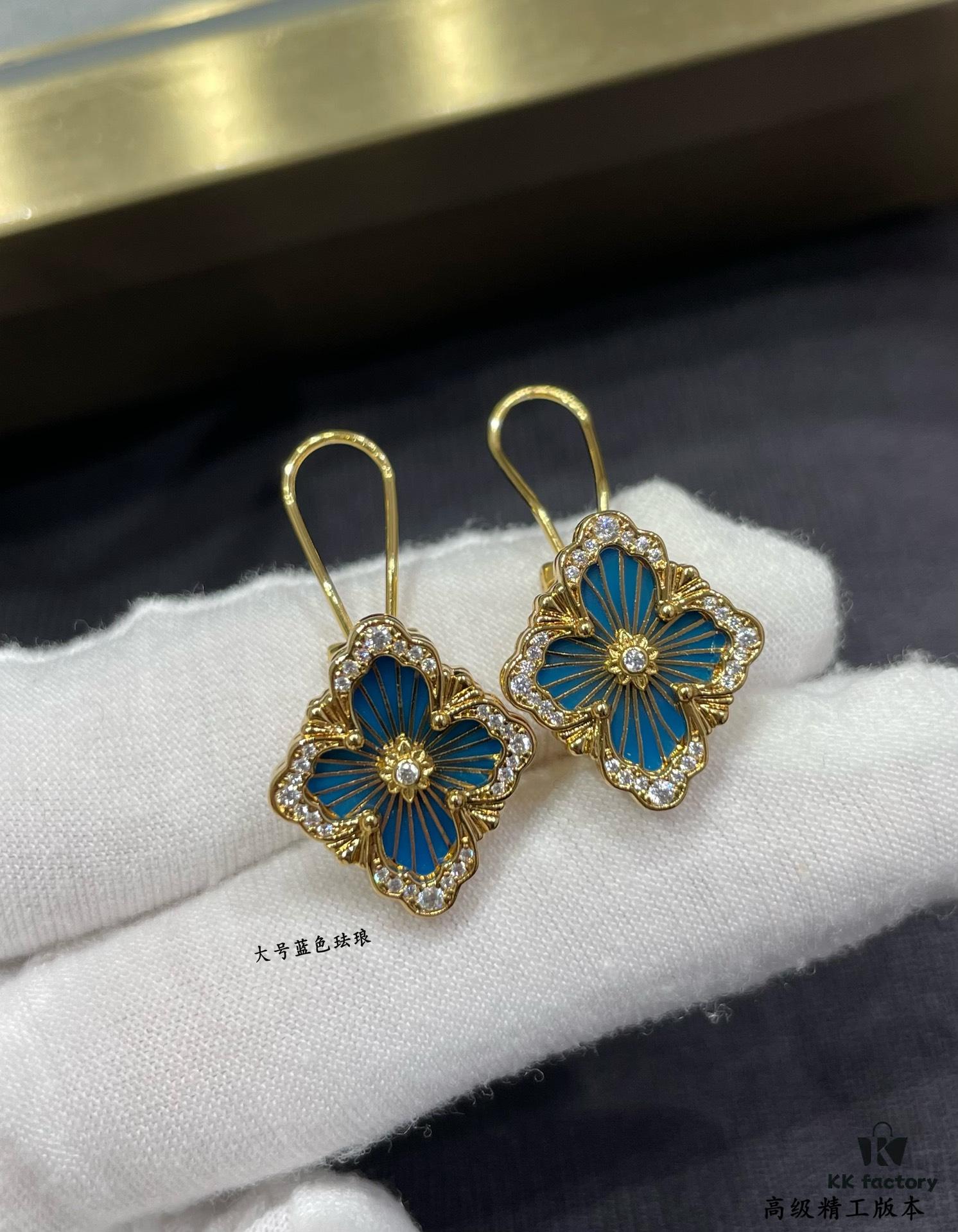 Buccellati Opera Grande Series Large Blue Enamel Earrings, Baroque-Style Four-Leaf Clover with Rigato Silk-Textured Finish
