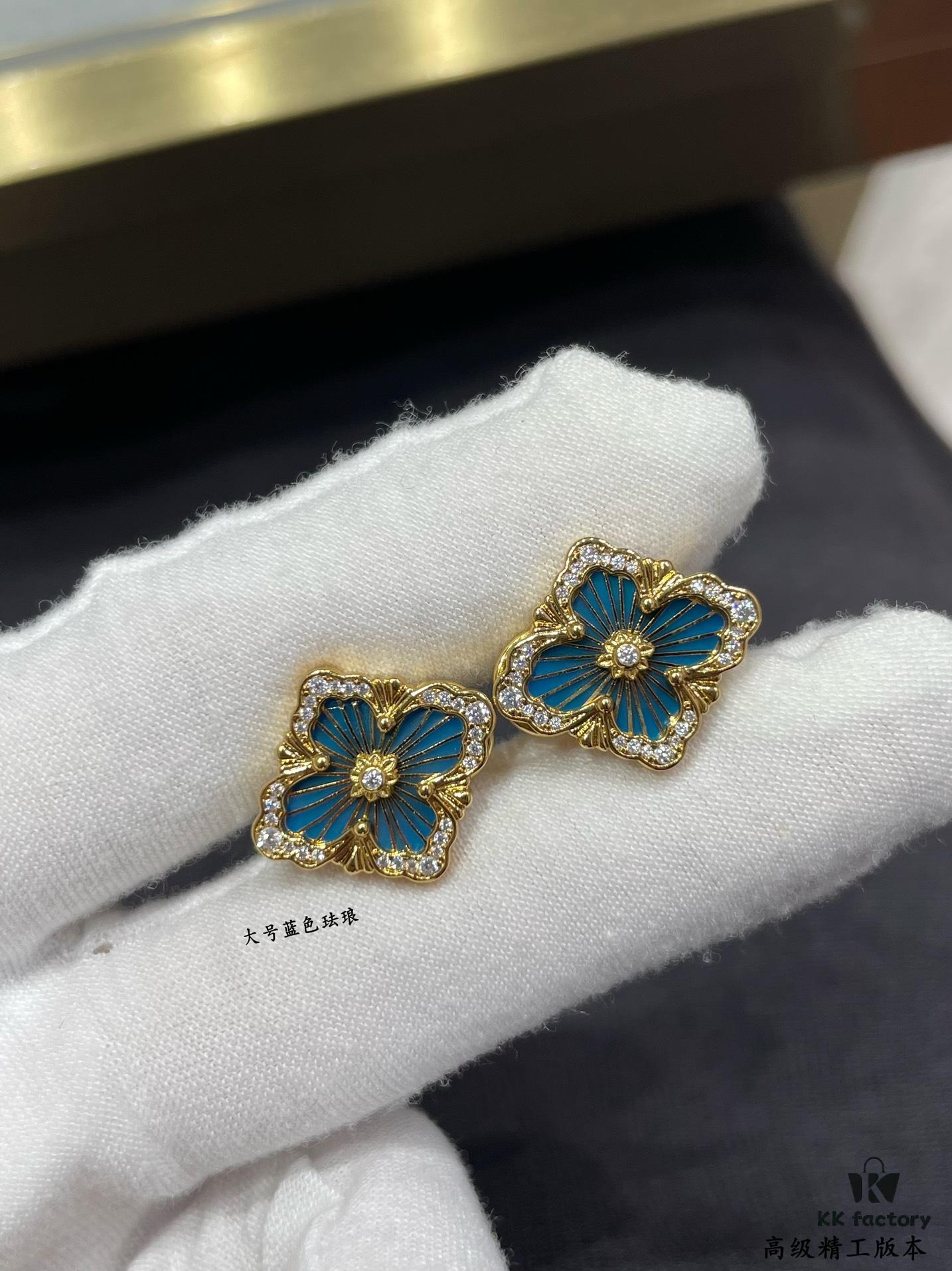 Buccellati Opera Grande Series Large Blue Enamel Earrings, Baroque-Style Four-Leaf Clover with Rigato Silk-Textured Finish
