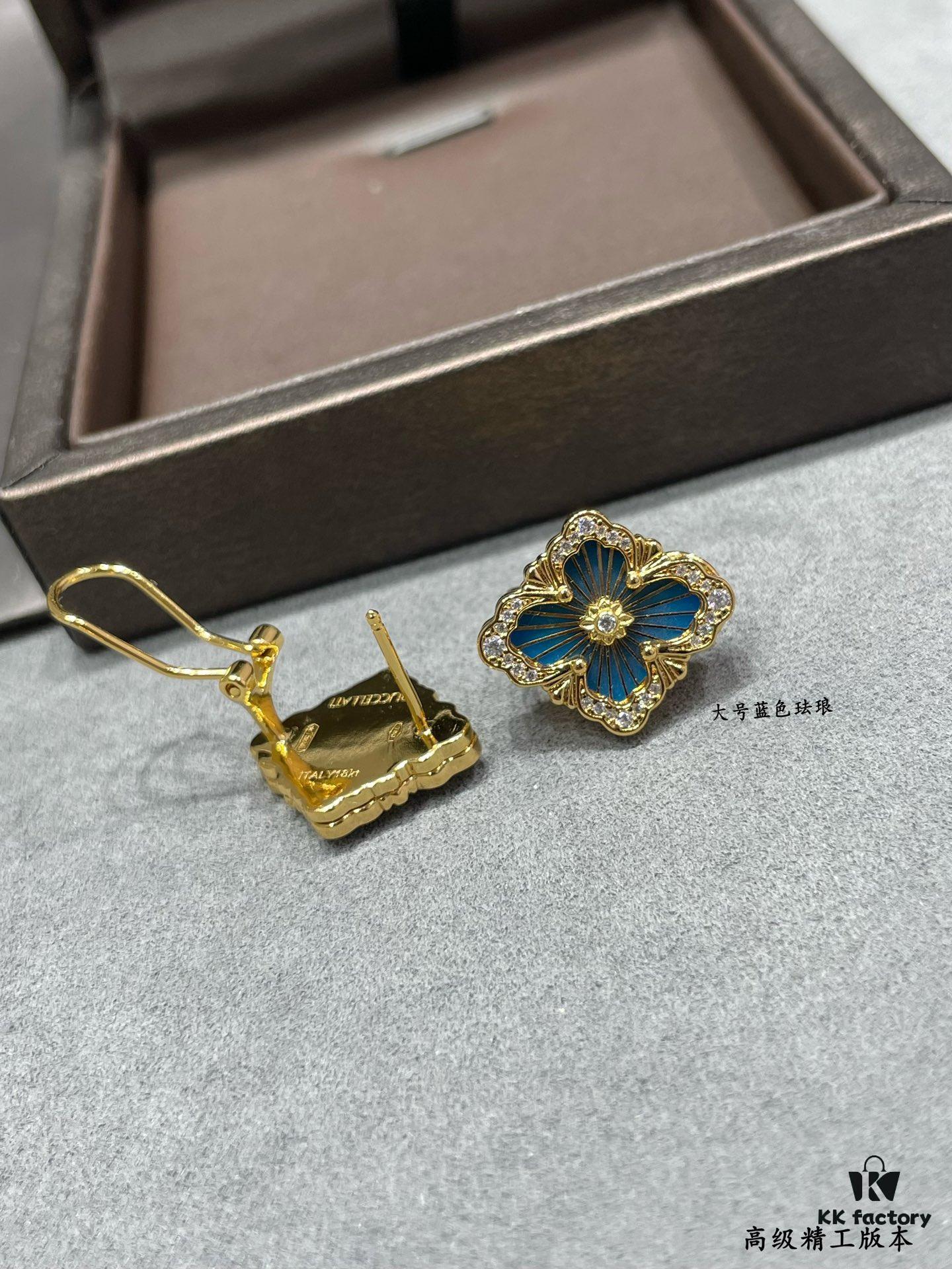 Buccellati Opera Grande Series Large Blue Enamel Earrings, Baroque-Style Four-Leaf Clover with Rigato Silk-Textured Finish