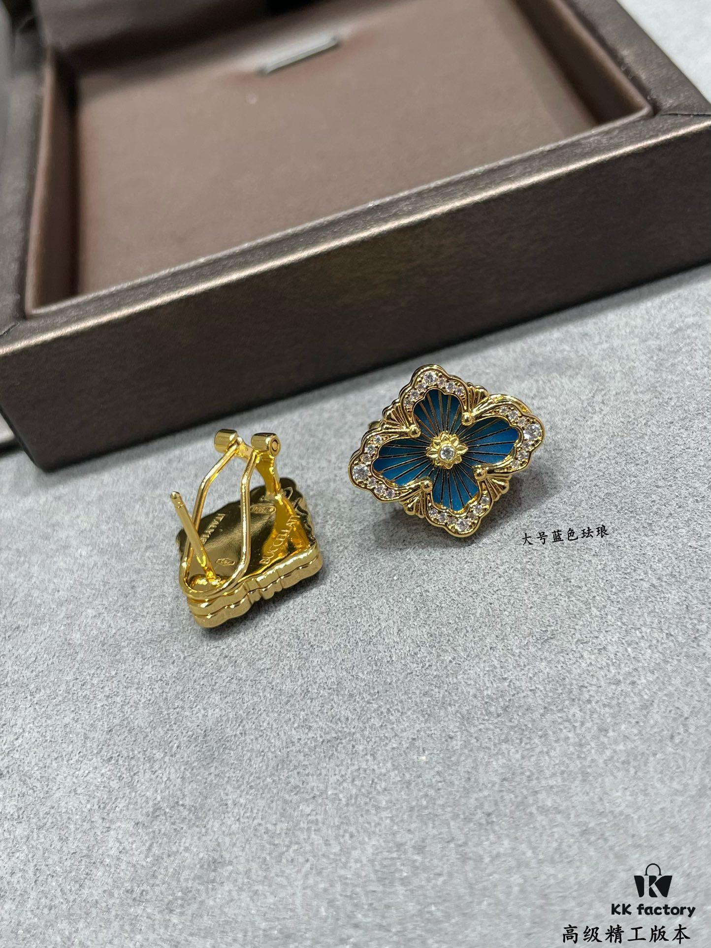 Buccellati Opera Grande Series Large Blue Enamel Earrings, Baroque-Style Four-Leaf Clover with Rigato Silk-Textured Finish