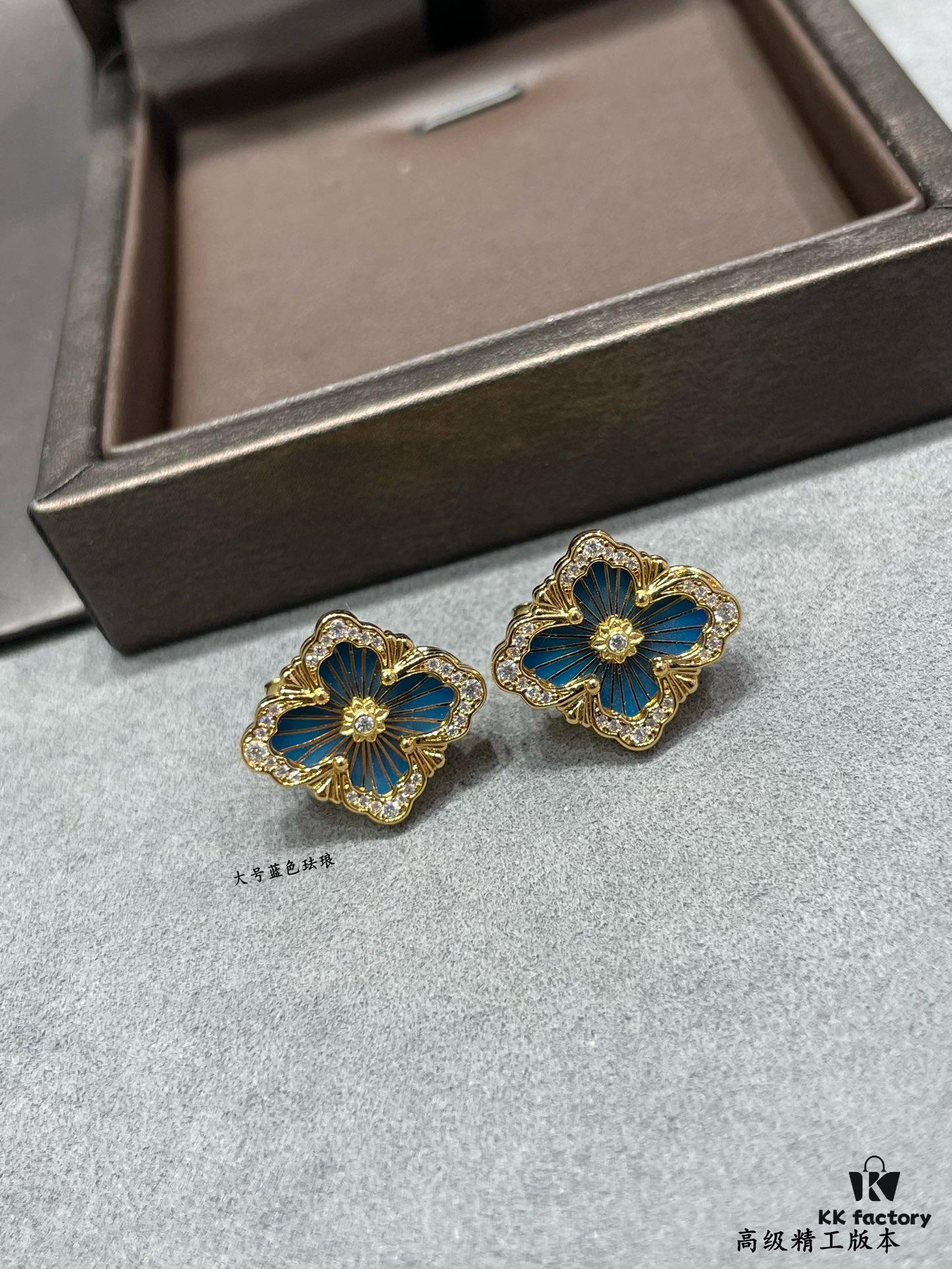 Buccellati Opera Grande Series Large Blue Enamel Earrings, Baroque-Style Four-Leaf Clover with Rigato Silk-Textured Finish