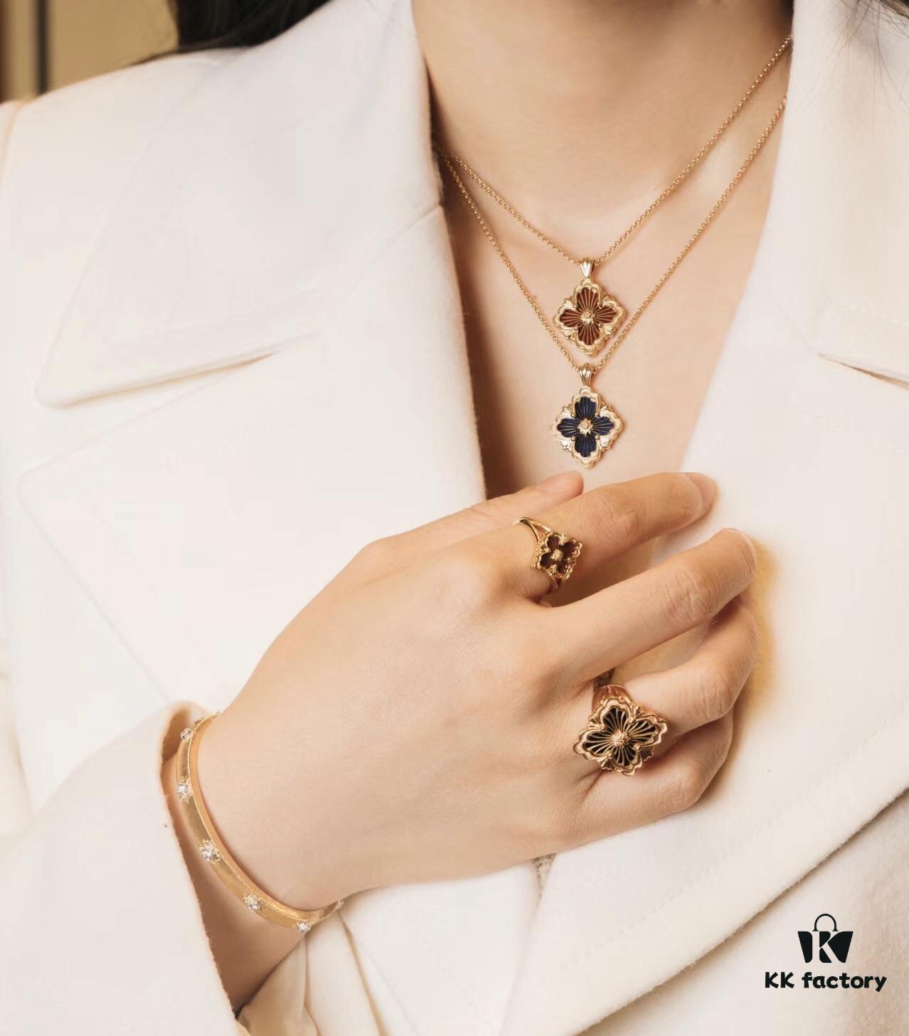 Buccellati Italian Luxury Jewelry Vintage Court Style Diamond-Cut Clover Shell Agate Chalcedony Double-Sided Necklace V Gold Material 18K Thick Gold Plating Original Chain End Original Clasp High Quality