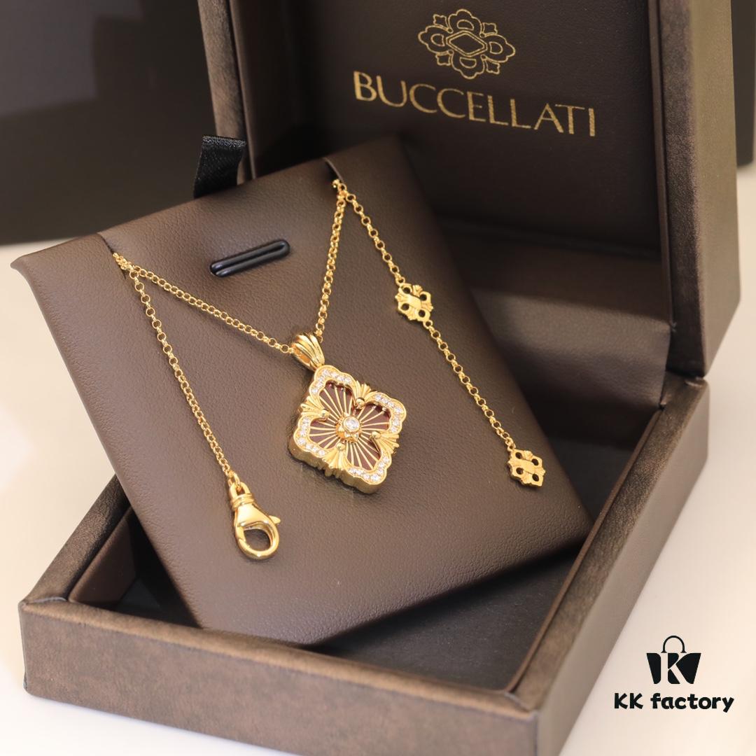 Buccellati Italian Luxury Jewelry Vintage Royal Style Diamond-Cut Clover Shell Agate Chalcedony Reversible Necklace in V Gold 18K Thick Gold Plating Original Chain End and Clasp High Quality