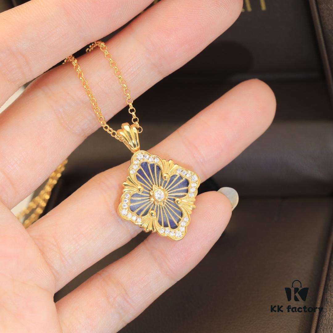 Buccellati Italian Luxury Jewelry Vintage Royal Style Diamond-Cut Clover Shell Agate Chalcedony Double-Sided Necklace V Gold Material 18K Thick Gold Plating Original Chain End Original Clasp High Quality