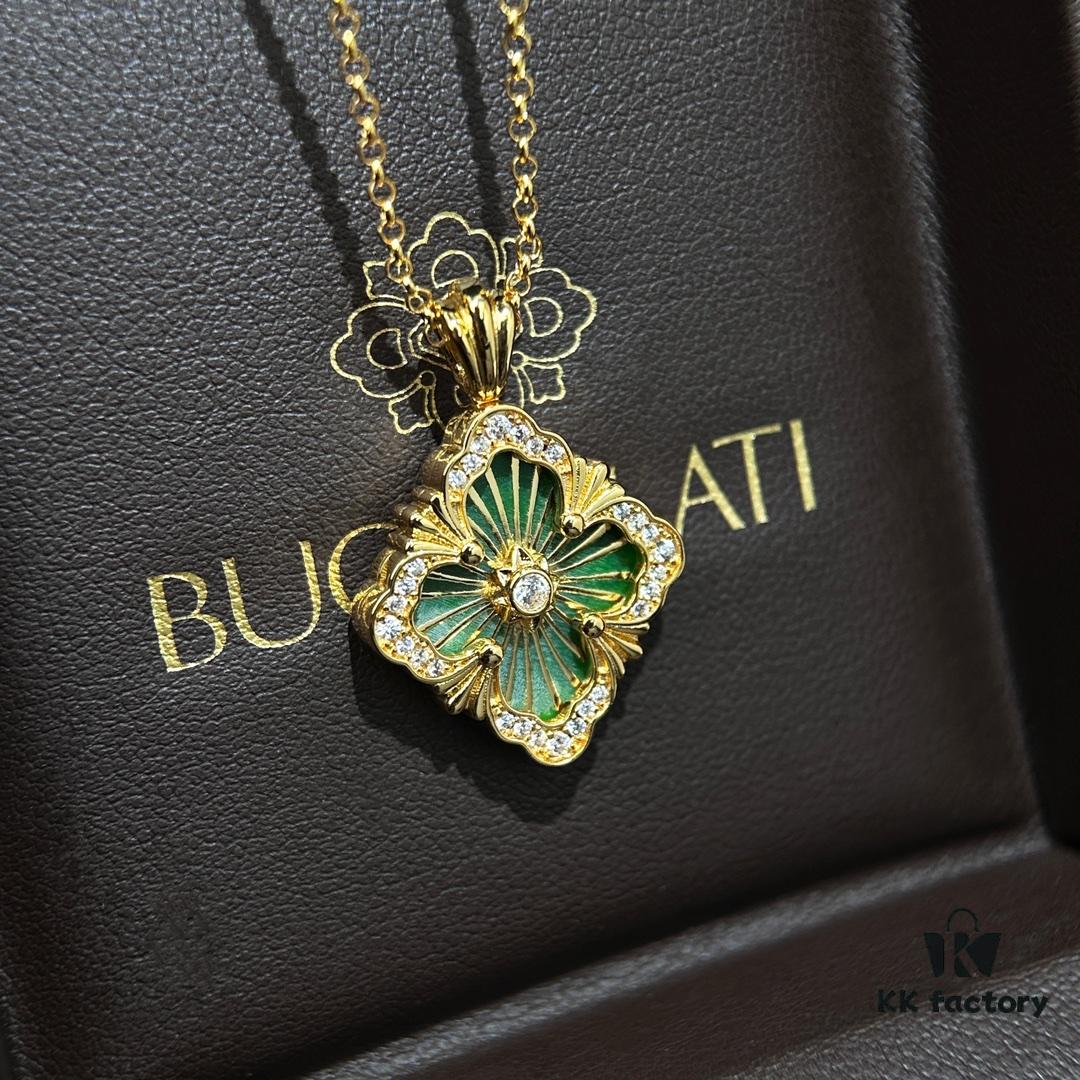 Buccellati Vintage Royal Style Diamond-Cut Four-Leaf Clover Shell Agate Chalcedony Double-Sided Necklace
