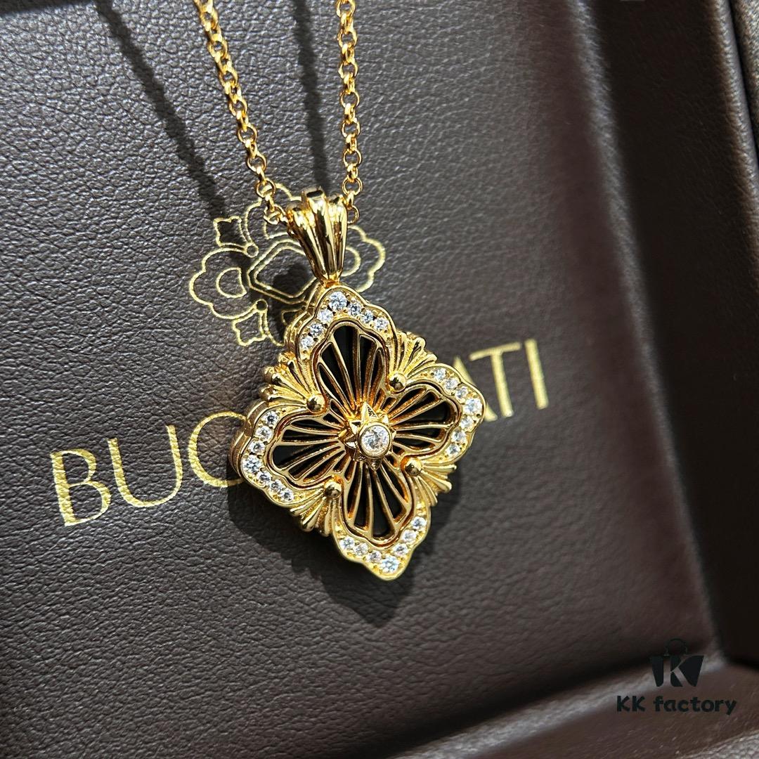 Buccellati Vintage Royal Style Diamond-Cut Four-Leaf Clover Shell Agate Chalcedony Double-Sided Necklace