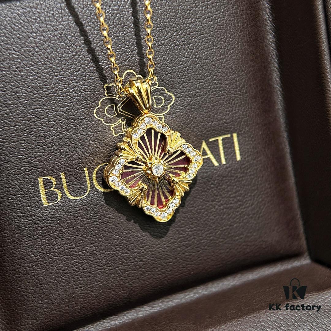 Buccellati Vintage Royal Style Diamond-Cut Four-Leaf Clover Shell Agate Chalcedony Double-Sided Necklace