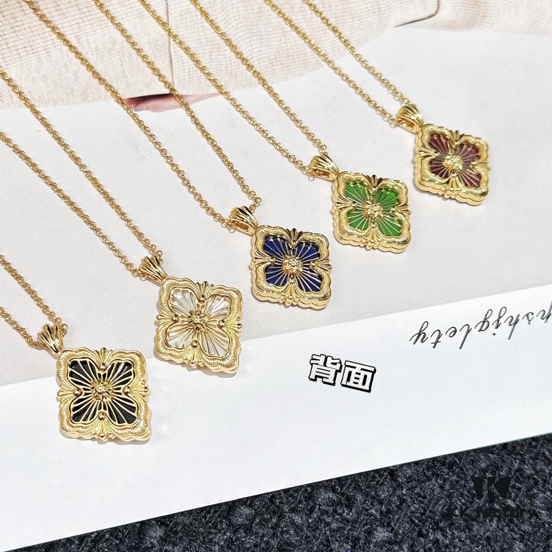 Buccellati Vintage Royal Style Diamond-Cut Four-Leaf Clover Shell Agate Chalcedony Double-Sided Necklace