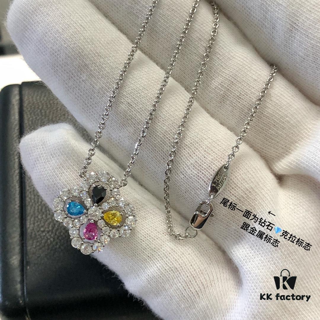 HW Diamond Loop Series Gemstone Necklace in S925 Sterling Silver with Thick Gold Plating, Clover Pendant with Multi-Color Stones and Zircon Accents
