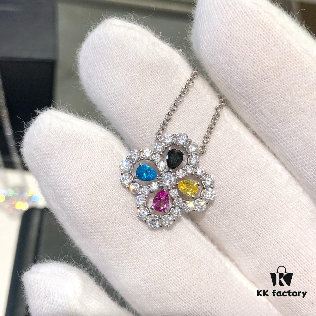 HW Diamond Loop Series Gemstone Necklace in S925 Sterling Silver with Thick Gold Plating, Clover Pendant with Multi-Color Stones and Zircon Accents