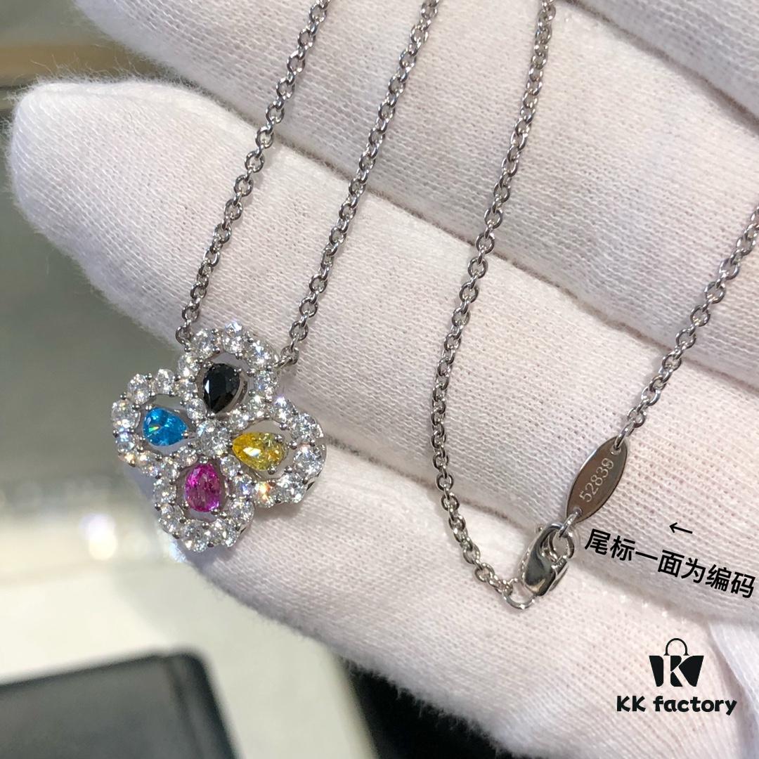 HW Diamond Loop Series Gemstone Necklace in S925 Sterling Silver with Thick Gold Plating, Clover Pendant with Multi-Color Stones and Zircon Accents