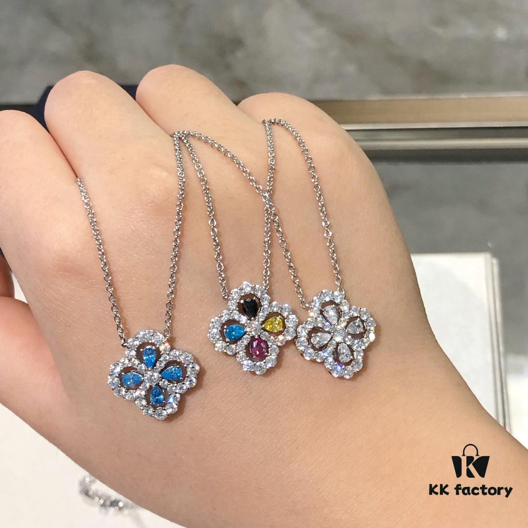 HW Diamond Loop Series Gemstone Necklace in S925 Sterling Silver with Thick Gold Plating, Clover Pendant with Multi-Color Stones and Zircon Accents
