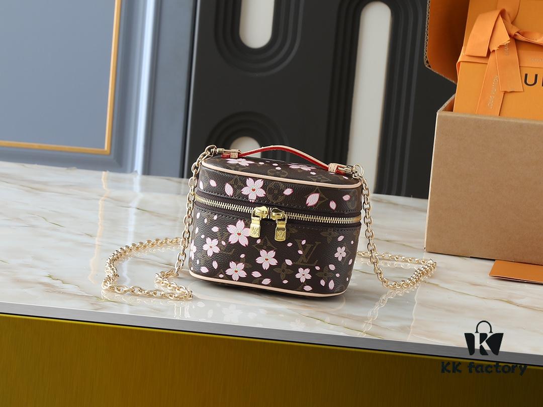 Upgraded Original M42265 M14181 M44495 M44936 M42263 Nice Cosmetic Pouch Made of Monogram Coated Canvas with Rounded Silhouette Inspired by Trunk Design, Cherry Blossom Pattern Exudes the Joyful Spirit of Louis Vuitton x Takashi Murakami Reimagined Collection, Cowhide Leather Handle Highlights Exquisite Craftsmanship, Double Zipper Closure Securely Stores Daily Essentials