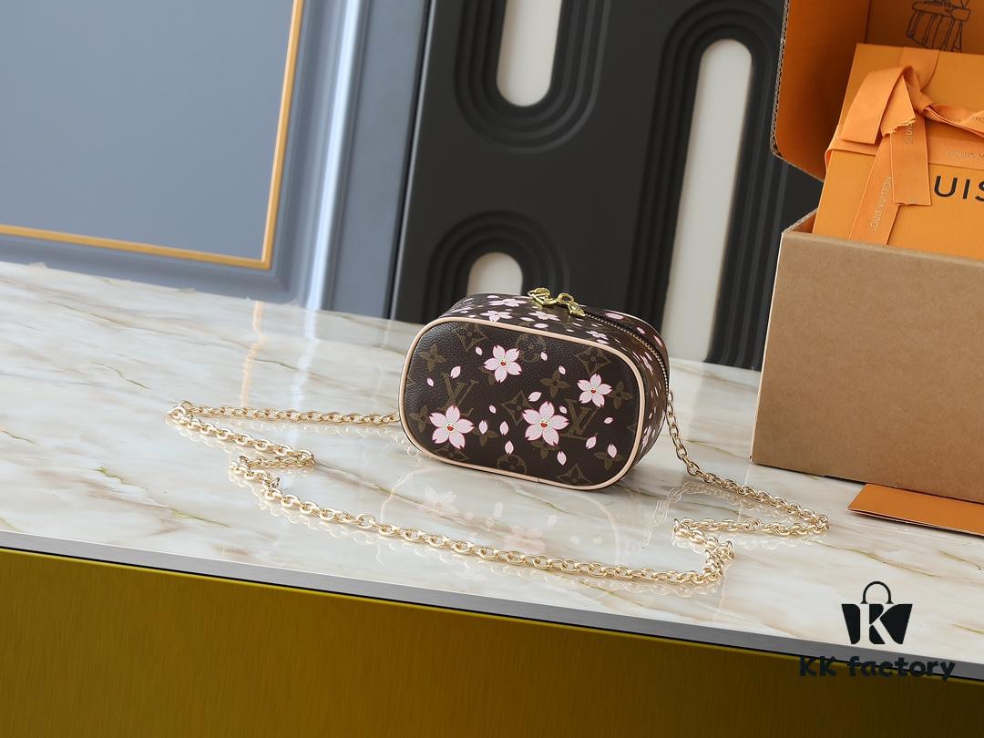Upgraded Original M42265 M14181 M44495 M44936 M42263 Nice Cosmetic Pouch Made of Monogram Coated Canvas with Rounded Silhouette Inspired by Trunk Design, Cherry Blossom Pattern Exudes the Joyful Spirit of Louis Vuitton x Takashi Murakami Reimagined Collection, Cowhide Leather Handle Highlights Exquisite Craftsmanship, Double Zipper Closure Securely Stores Daily Essentials